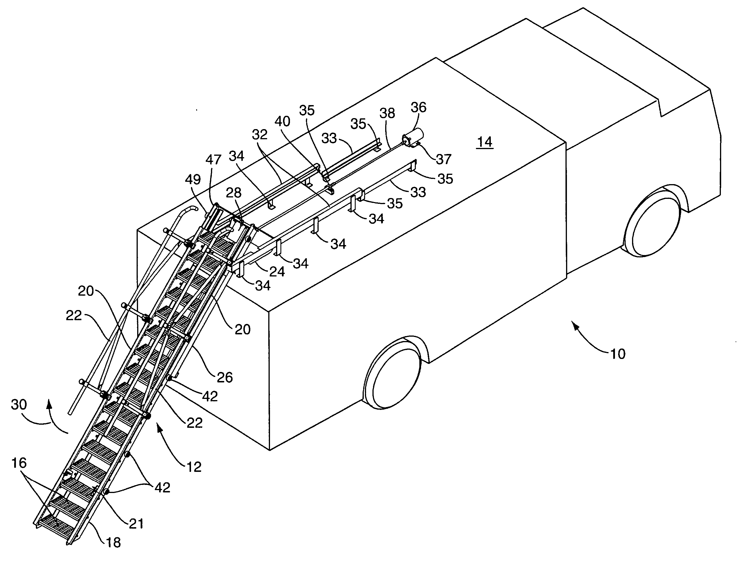 Automatically deployable and retractable rear ladder, particularly for emergency vehicles