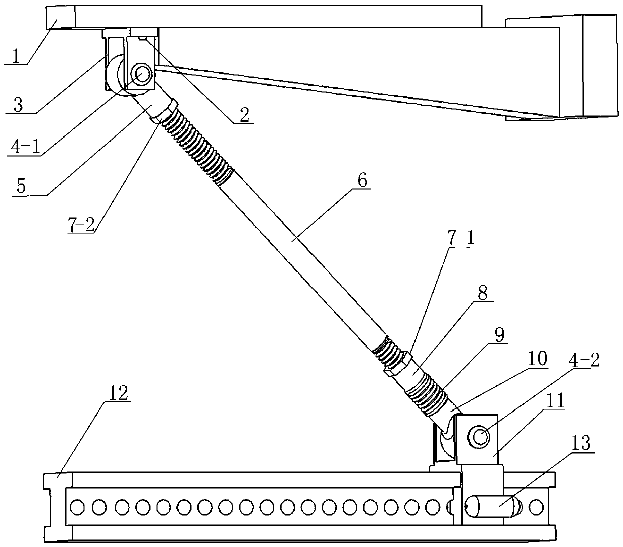 An adjustable support device for the feeding plate of a magnetic powder pressing automatic production line