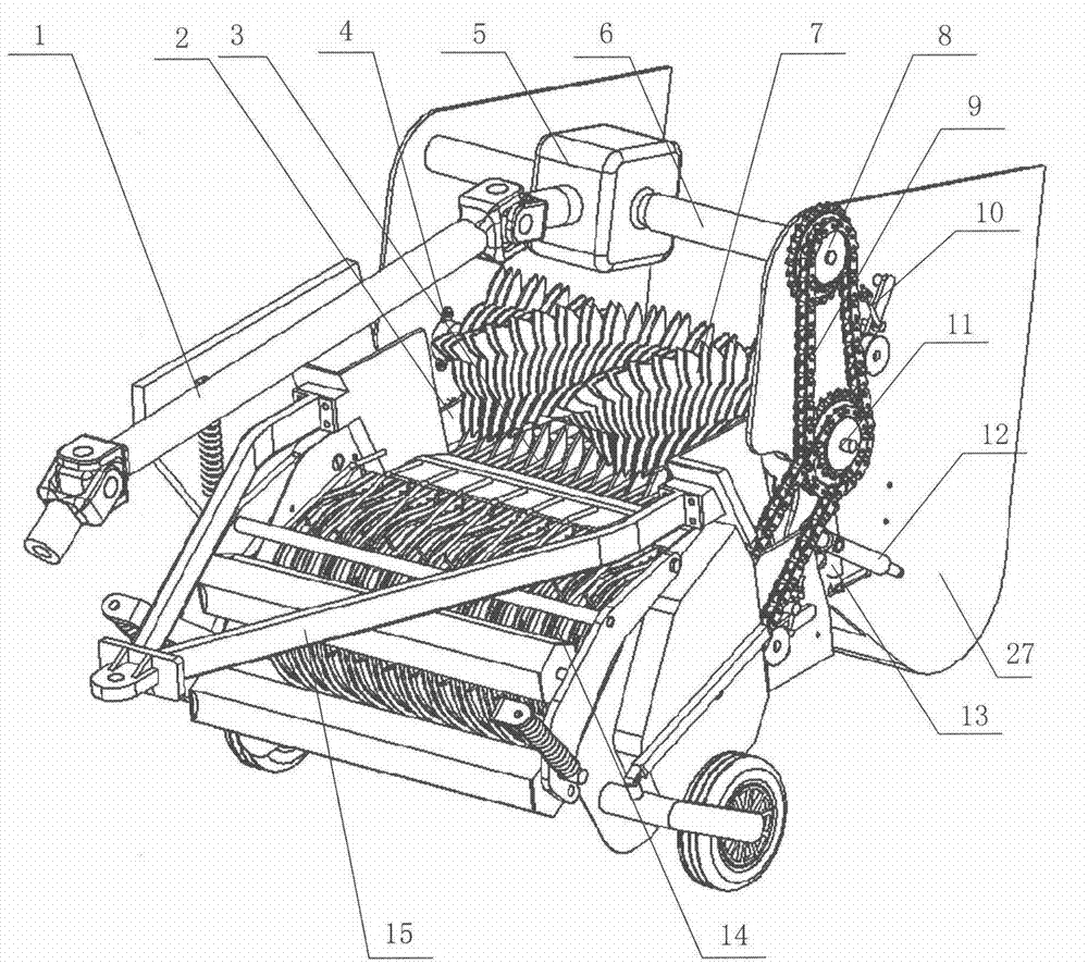 Forced grass-crushing and feeding anti-blocking device of round baler