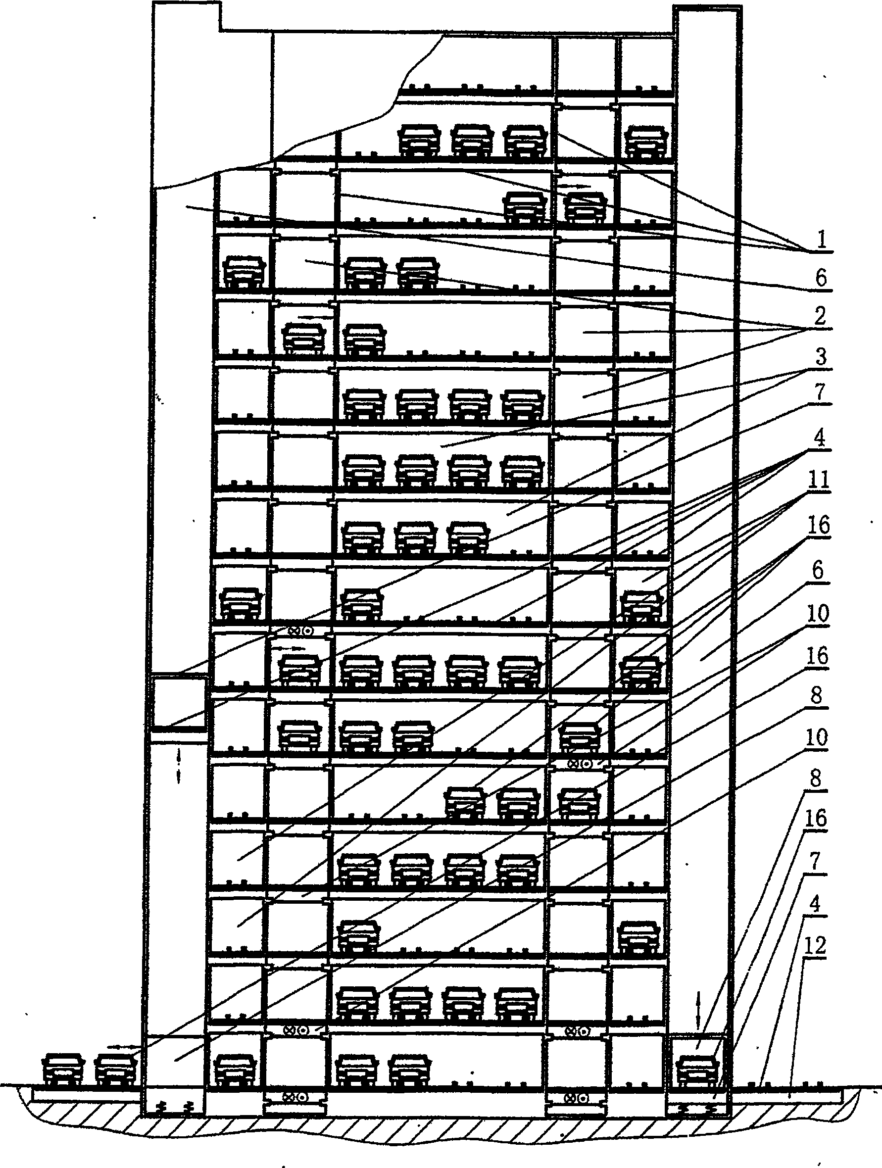 Double laneway transition passage layered transportation rolling way parallel parking type mechanical parking system