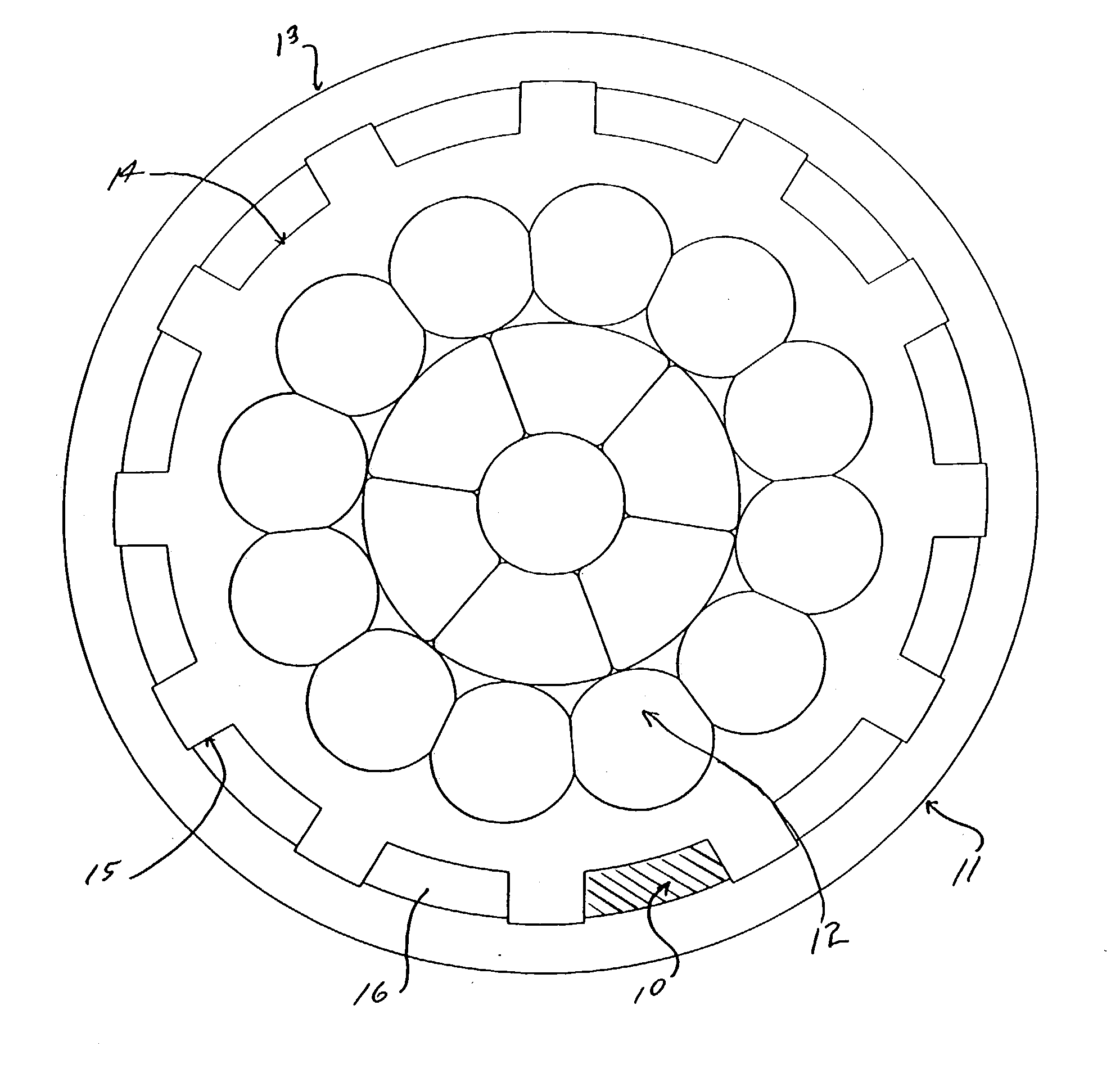 Self-sealing electrical cable having a finned or ribbed structure between protective layers