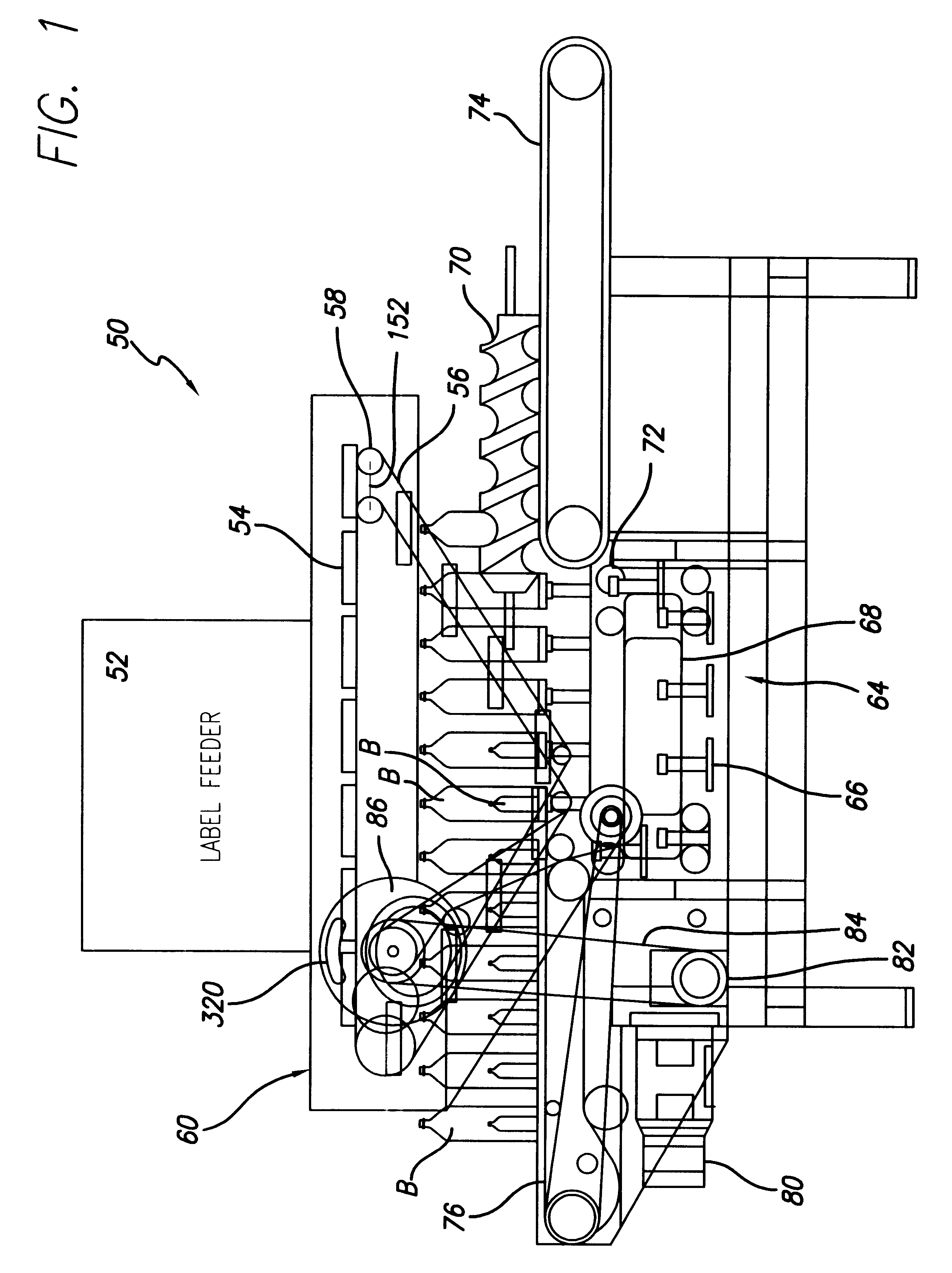 In-line continuous feed sleeve labeling machine and method