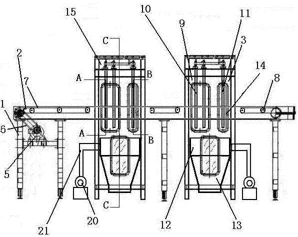 A steel bar sand blasting derusting device