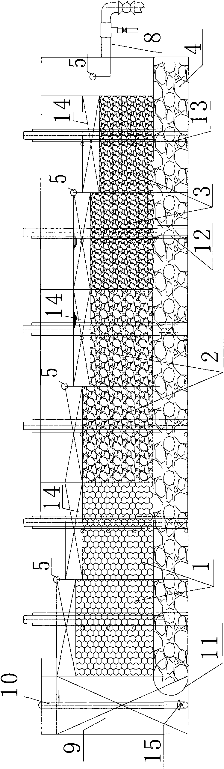 Sponge anti-clogging strengthening compound flow constructed wetland domestic sewage treatment device