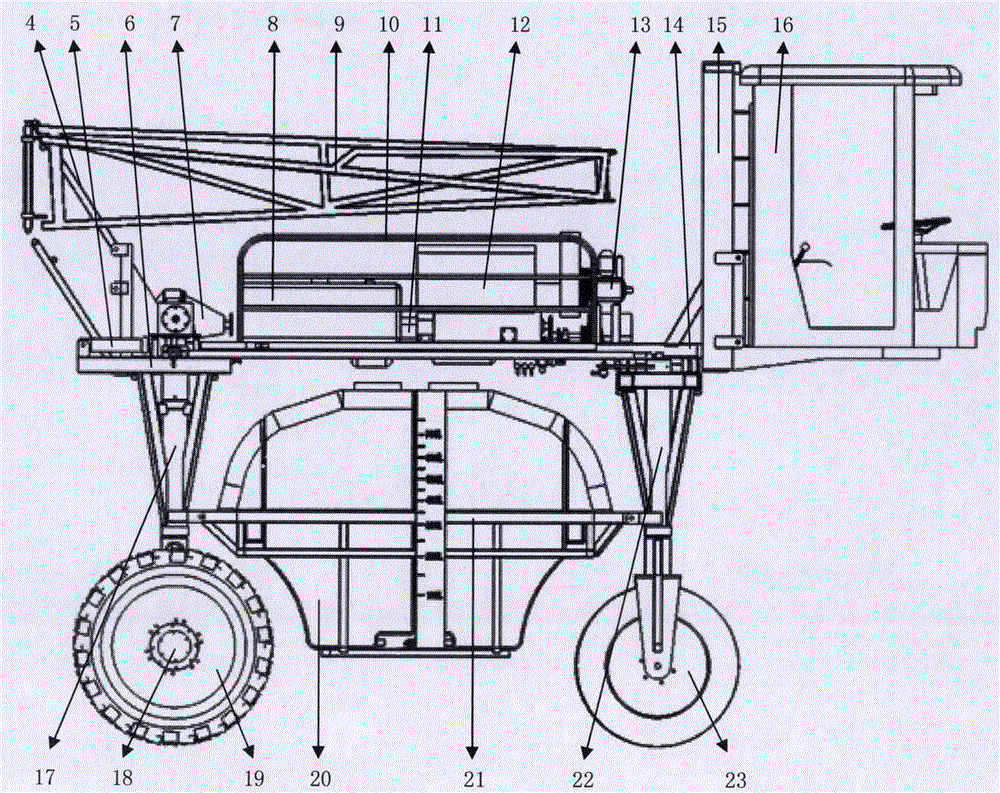 Mechanical transmission type four-wheeled steering and two-wheeled driving wheel-span-variable high-ground-clearance insecticide sprayer