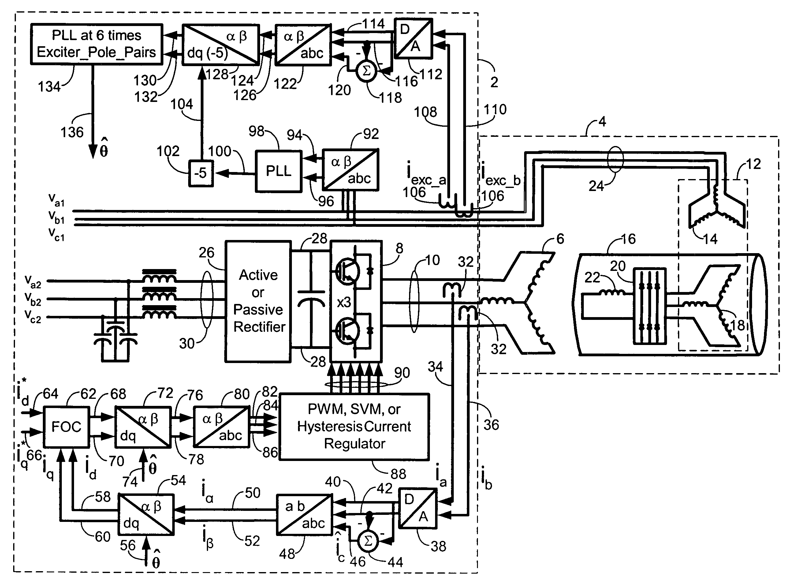 Brushless wound field synchronous machine rotor position tracking with exciter stator current harmonic tracking