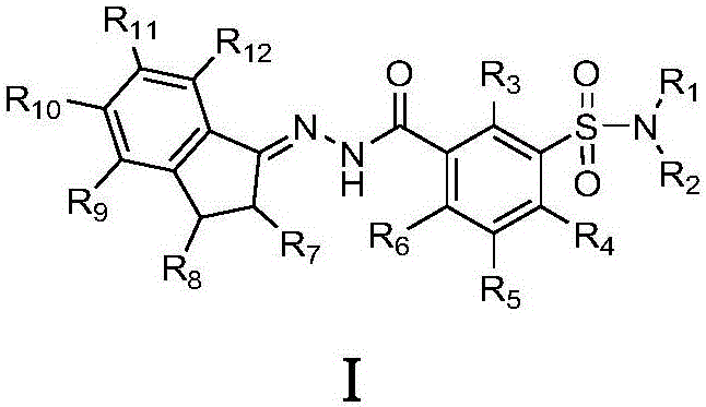 Indene-1-subunit sulfonyl benzoyl hydrazine derivative as well as preparation method and application thereof