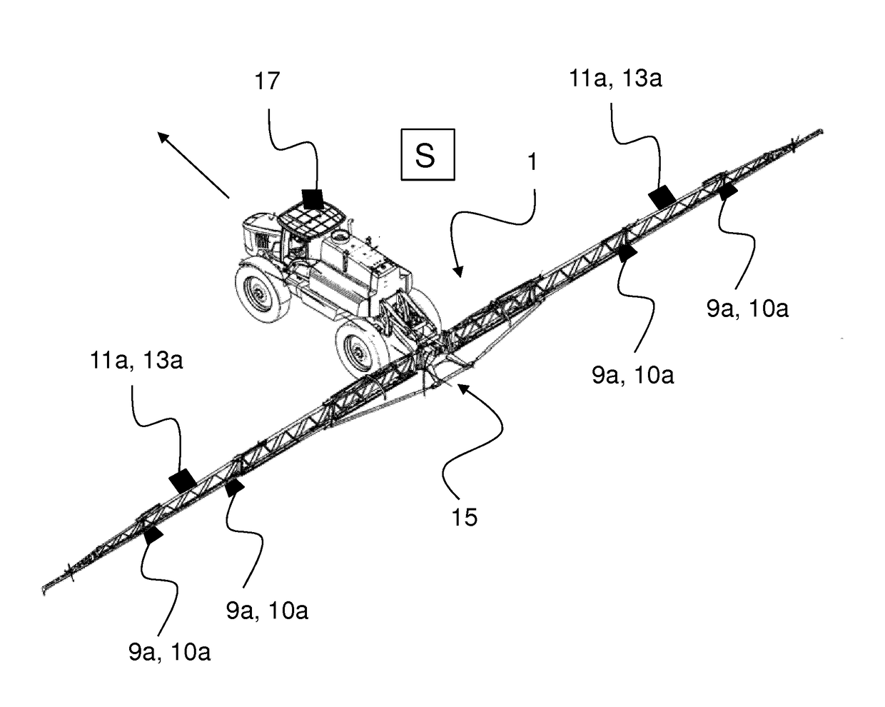 Device for discharging liquids, and method for controlling the movement of at least two extension arms of an agricultural field sprayer