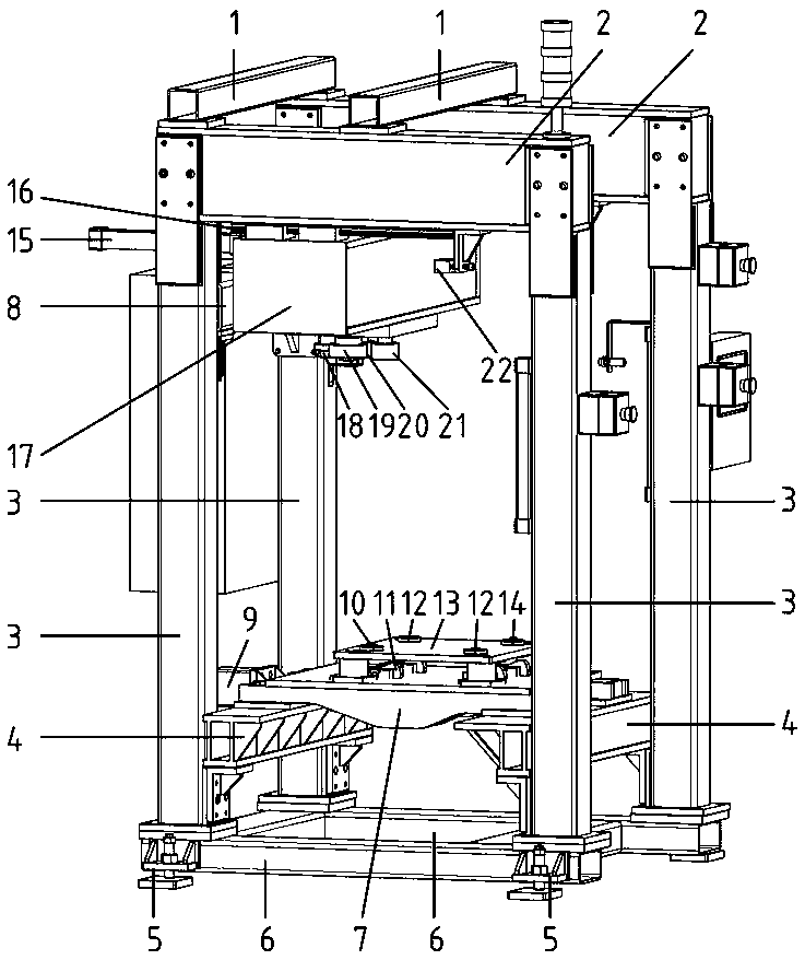 Composite hold-down device for in-line assembly of forklift gearboxes