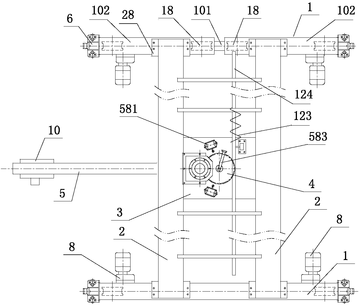 Crane provided with suspension end beam trolley and rotating mechanism adopting opening transmission