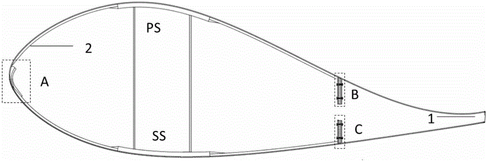 Large tail-edge sectional wind turbine blade connecting structure and manufacturing process thereof