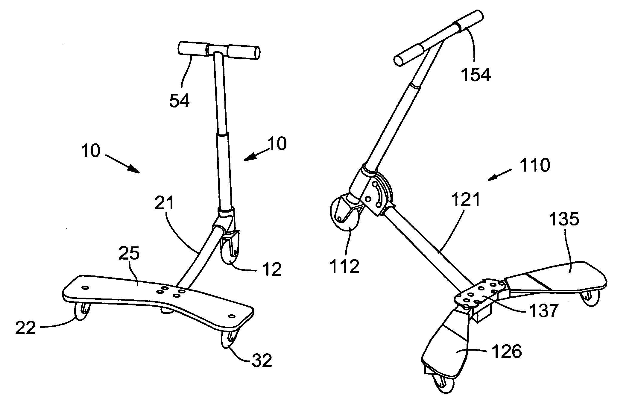 Side movement propelled scooter device having expanded foot platform