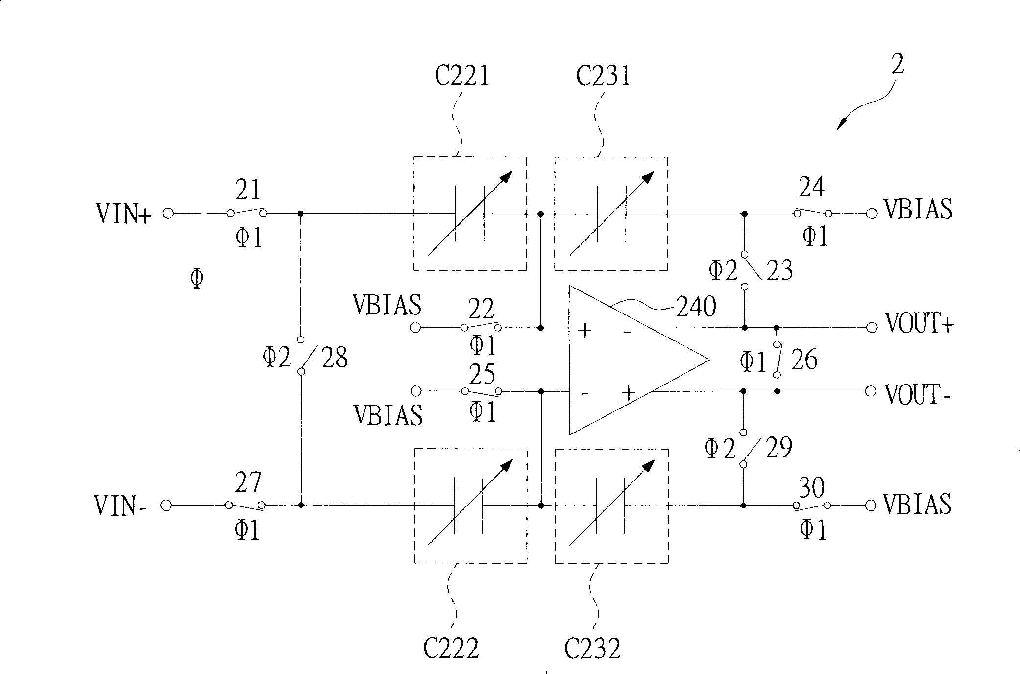 Gain amplifier for linear programmable switch capacitance