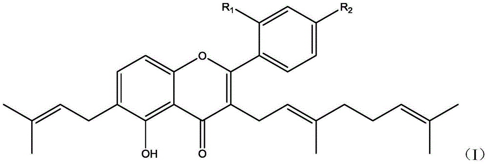 Derivative with 5,2'-dihydroxy-4'-methoxy-3-geranylflavonoids skeleton, and preparation method and applications thereof