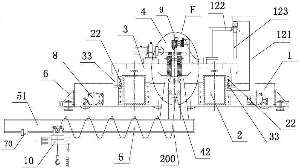 Crane with reaction wheel travelling trolley and equalizing end beams