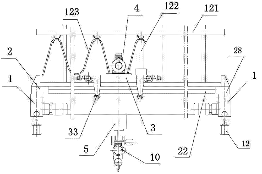 Crane with reaction wheel travelling trolley and equalizing end beams