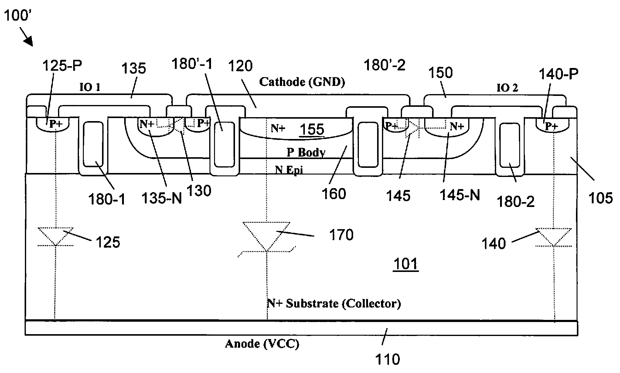 Latch-up free vertical TVS diode array structure using trench isolation