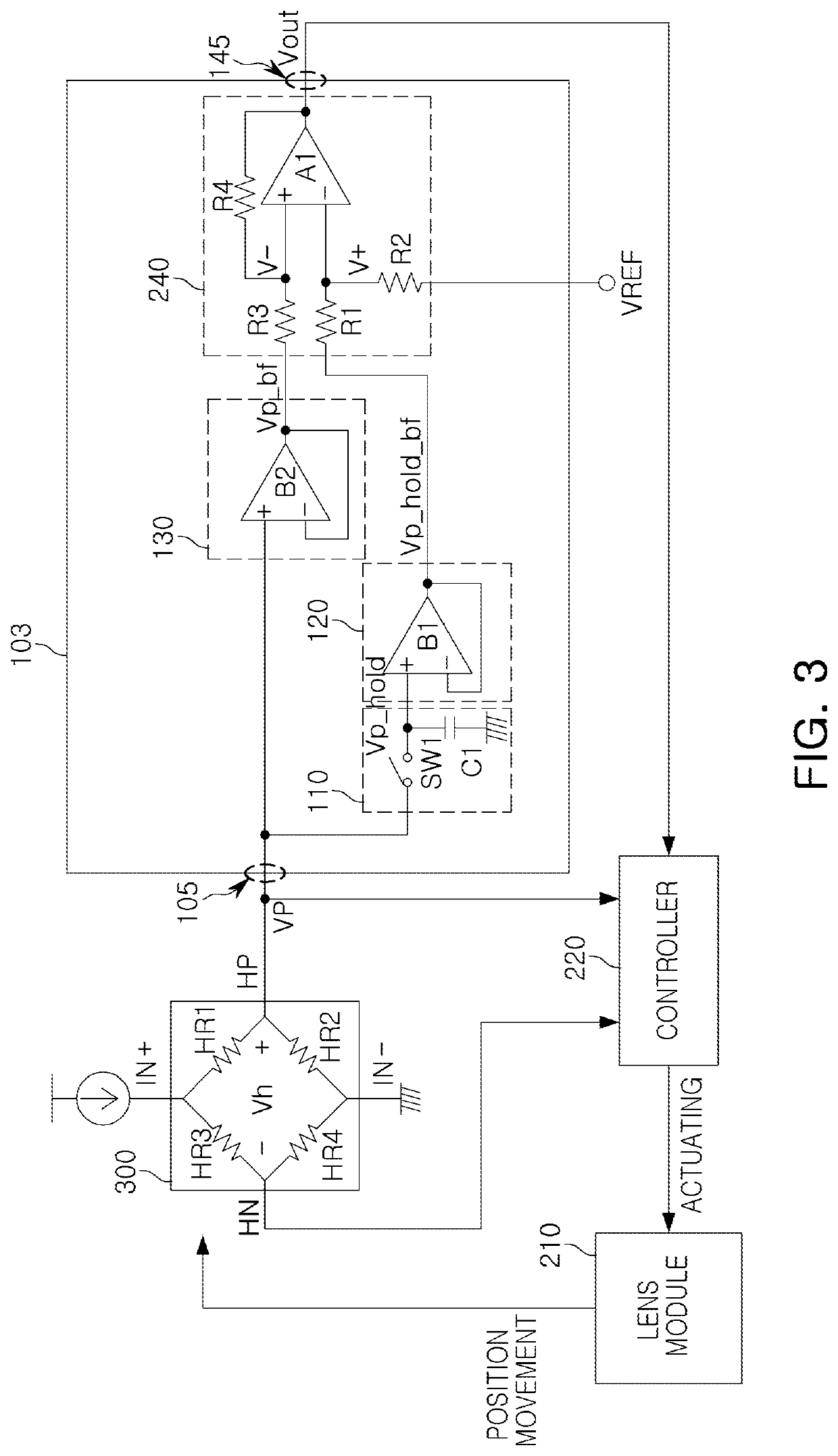 Circuit for monitoring voltage of output terminal of hall sensor and circuit for supporting lens module actuating controller