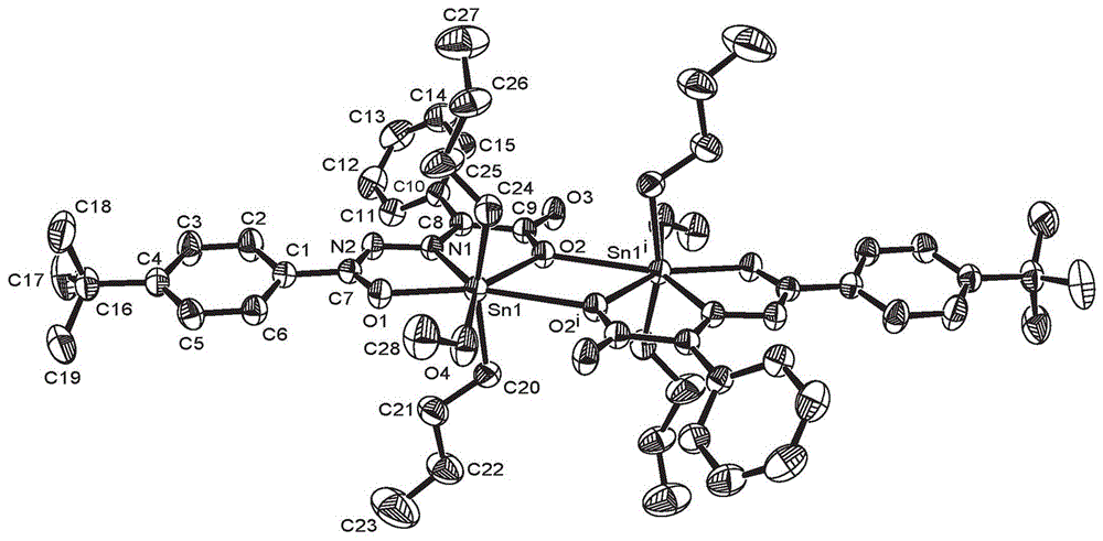 2-carbonyl-2-phenylacetic acid p-tert-butyl benzoyl hydrazone di-n-butyltin complex and preparation method and application thereof