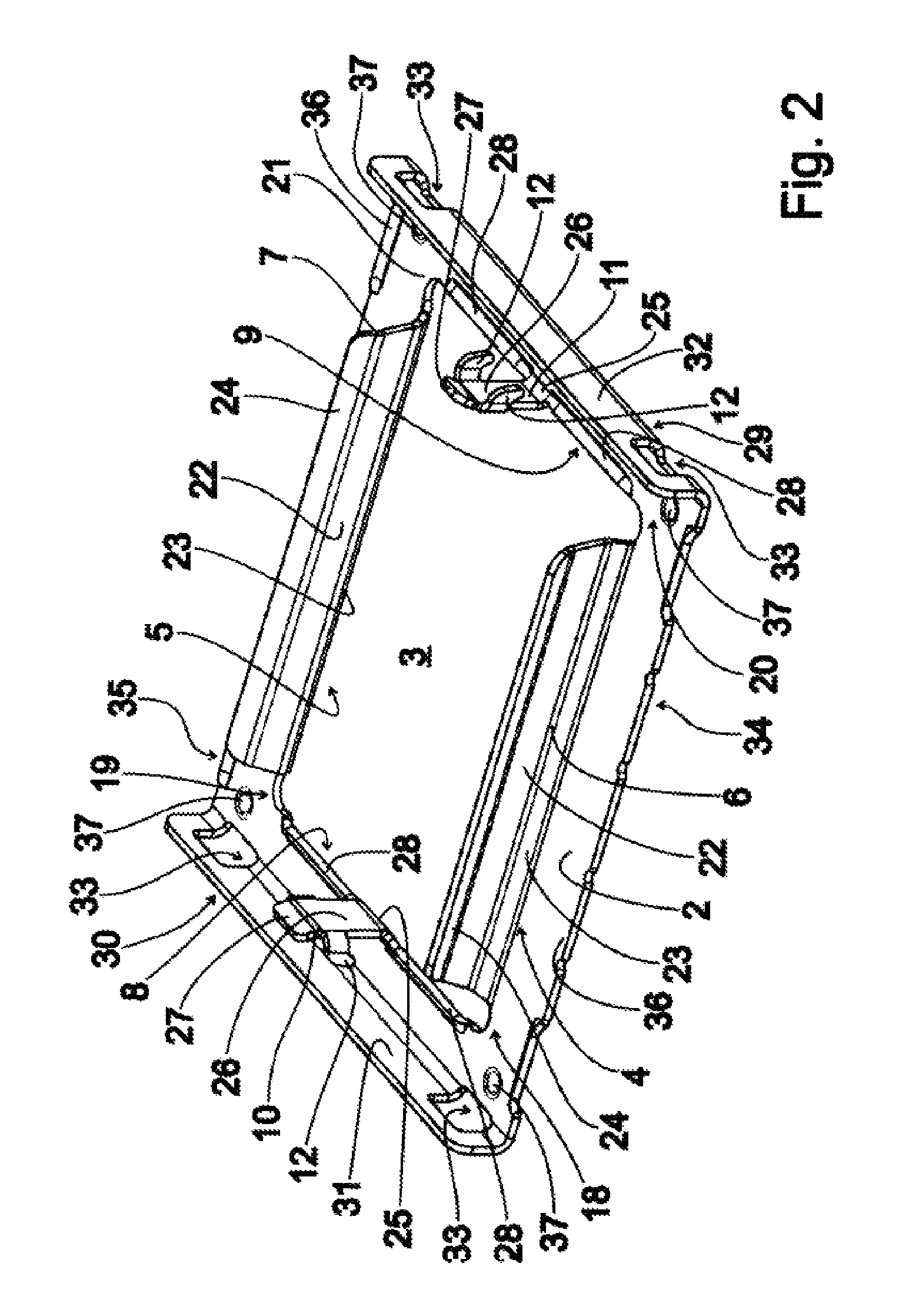 Device for fastening a rectangular sensor to a support part