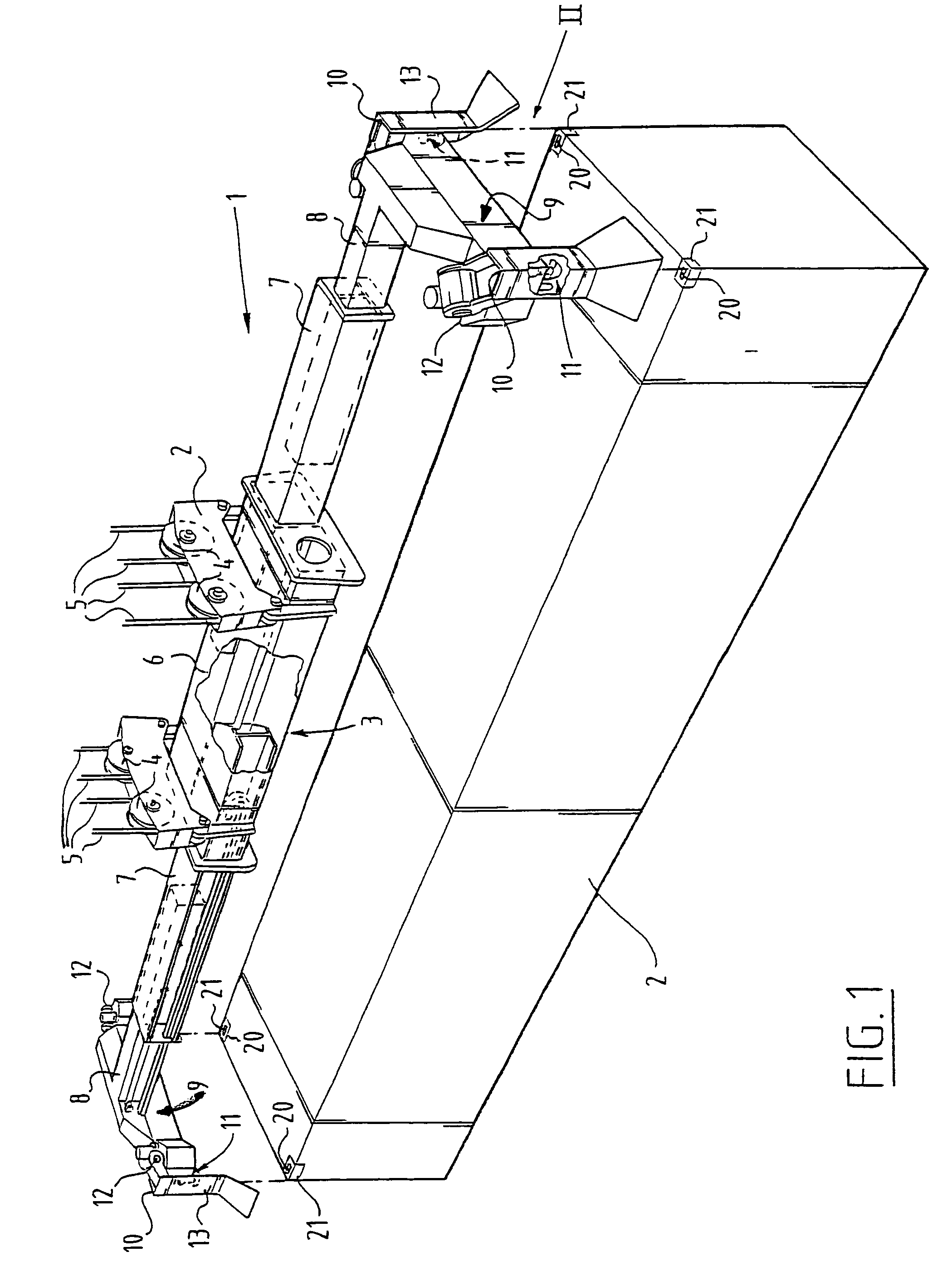 Container gripping device having contact elements for braking