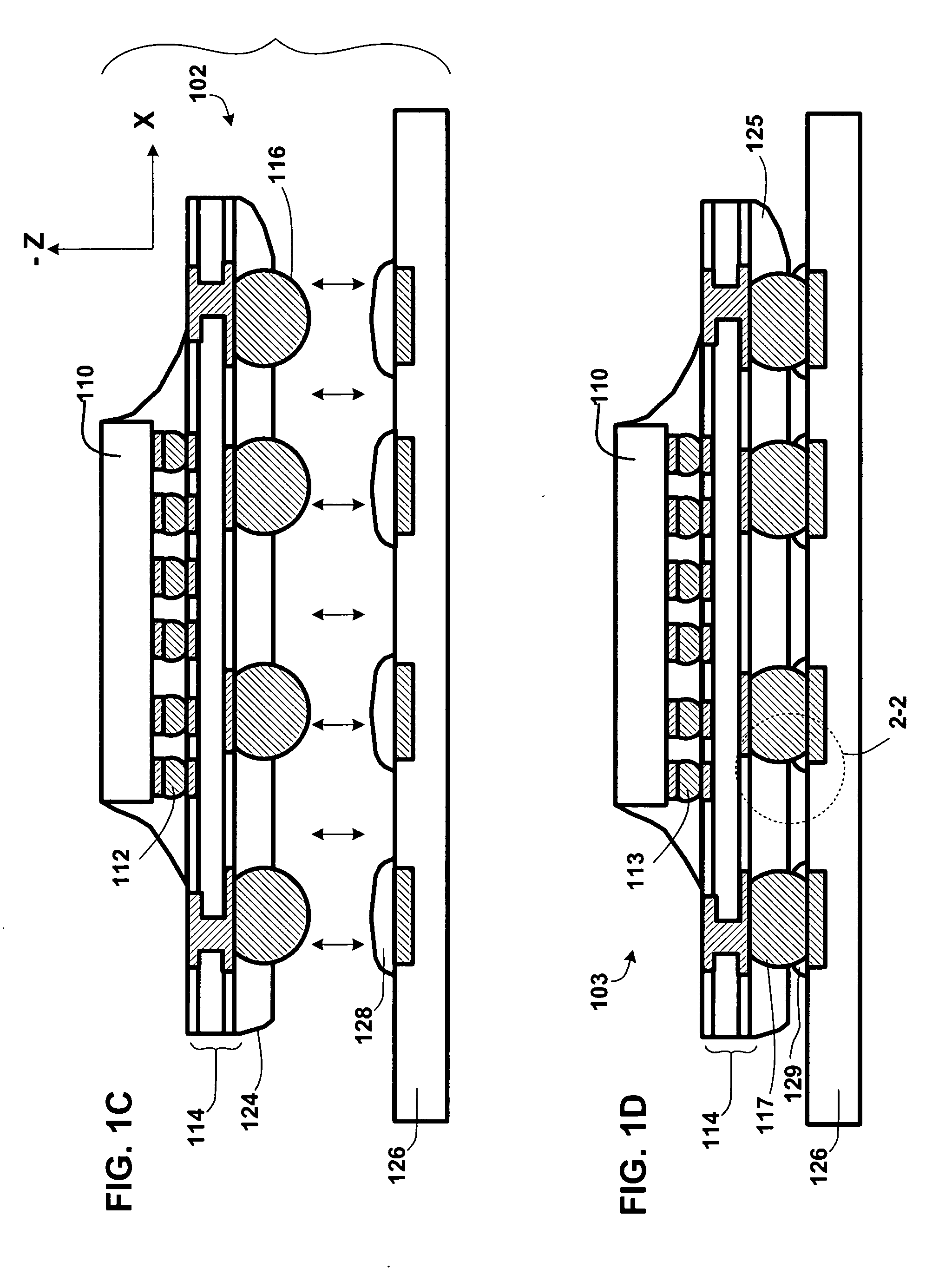 Stress-relief layer and stress-compensation collar in contact arrays, and processes of making same