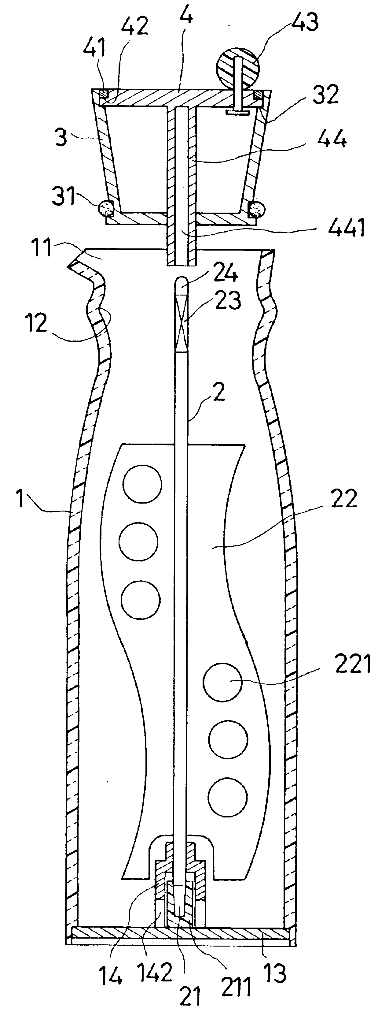 Container of liquid seasoning with a stirring mechanism