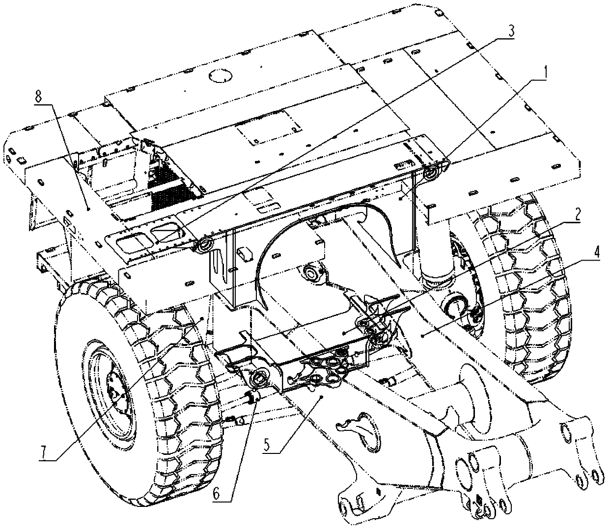 A frame-split gantry beam of an electric drive mining dump truck