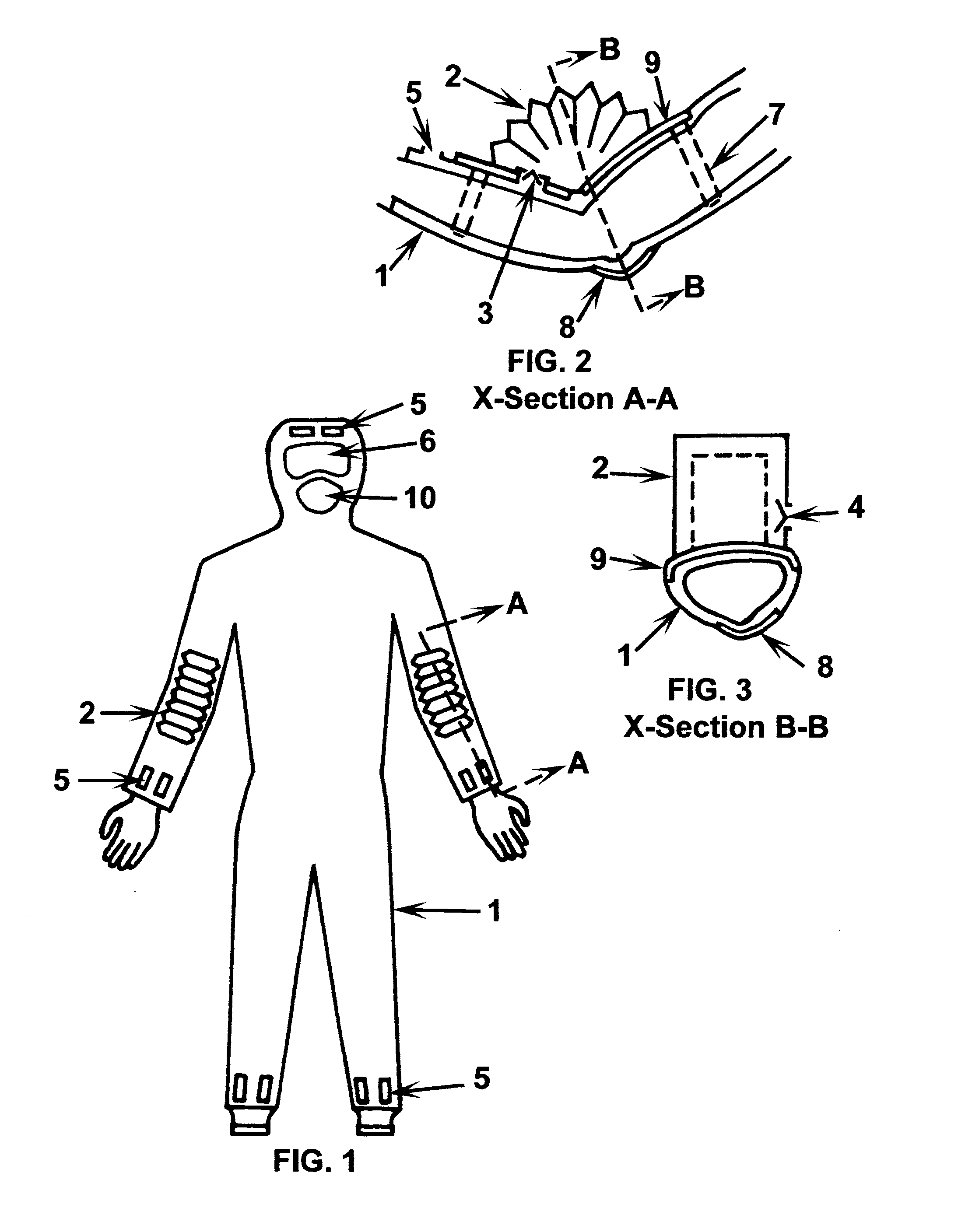 Protective suit ventilated by self-powered bellows