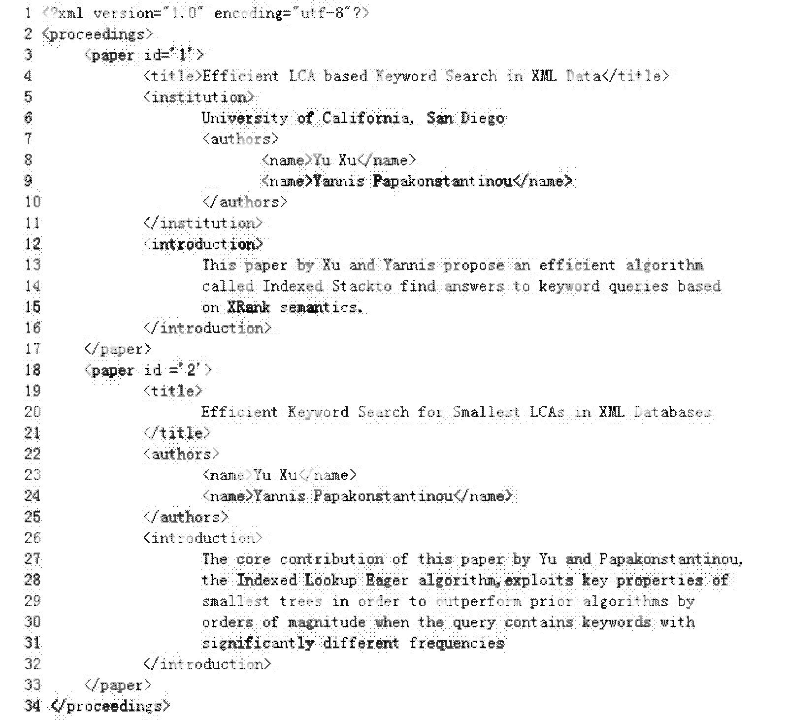 Indexing structure of XML (Extensive Markup Language) document