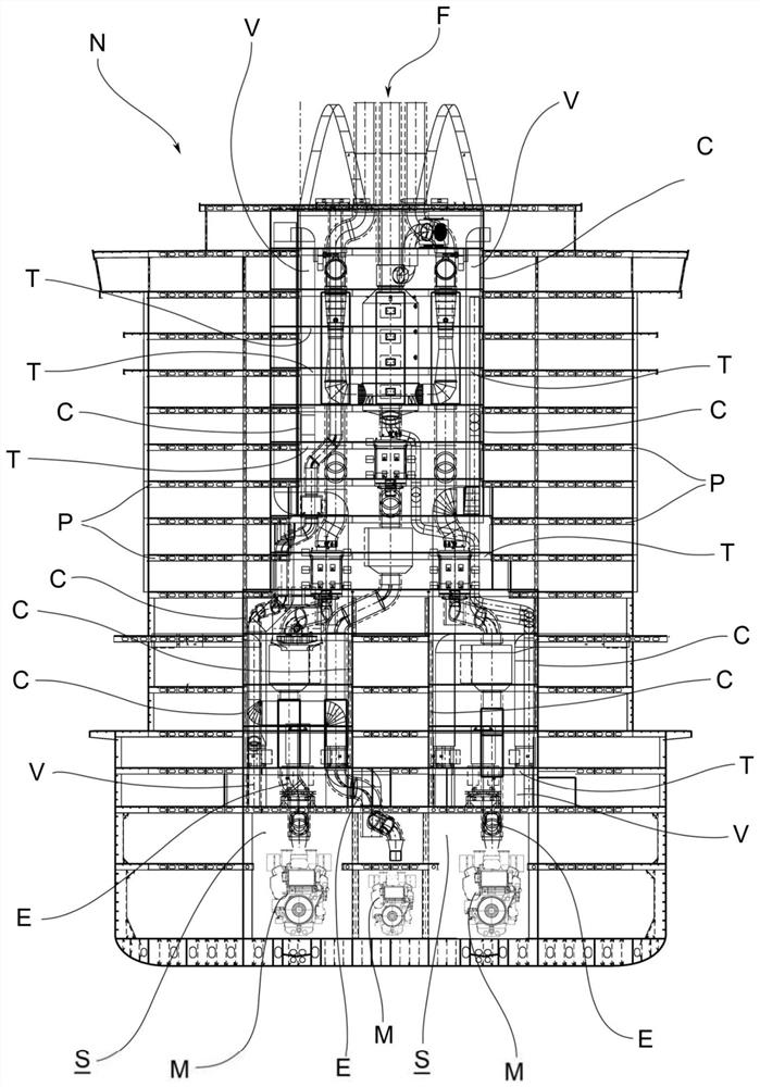 Ship comprising a system for reducing the vibrations originating from the casing and method for building said ship