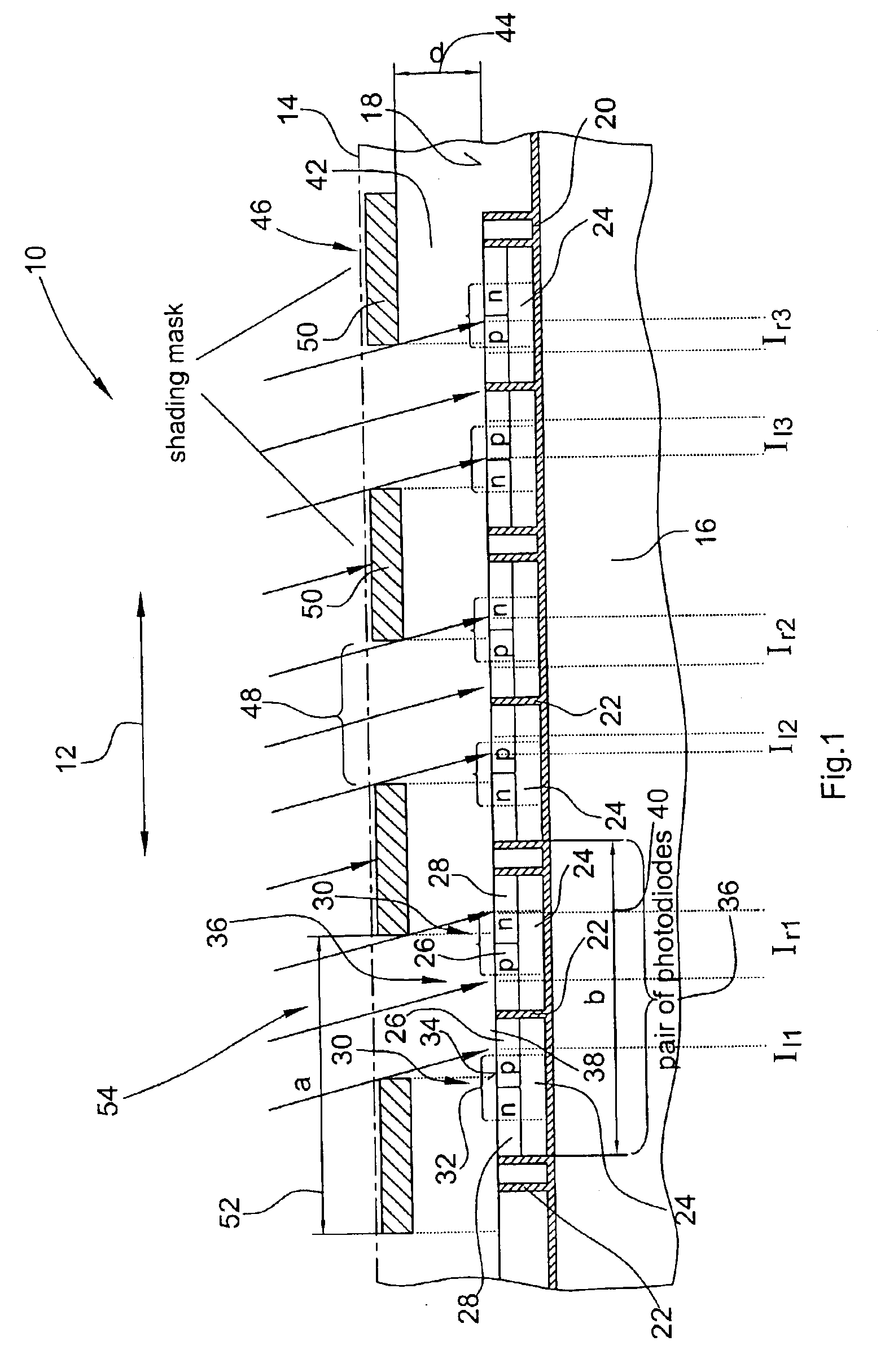 Device for detecting the angle of incidence of radiation on a radiation incidence surface