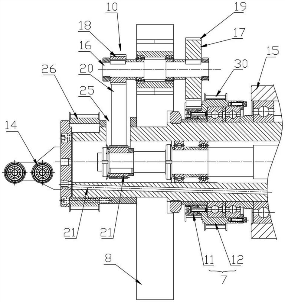 A two-for-one twisting and plying machine spindle transmission device