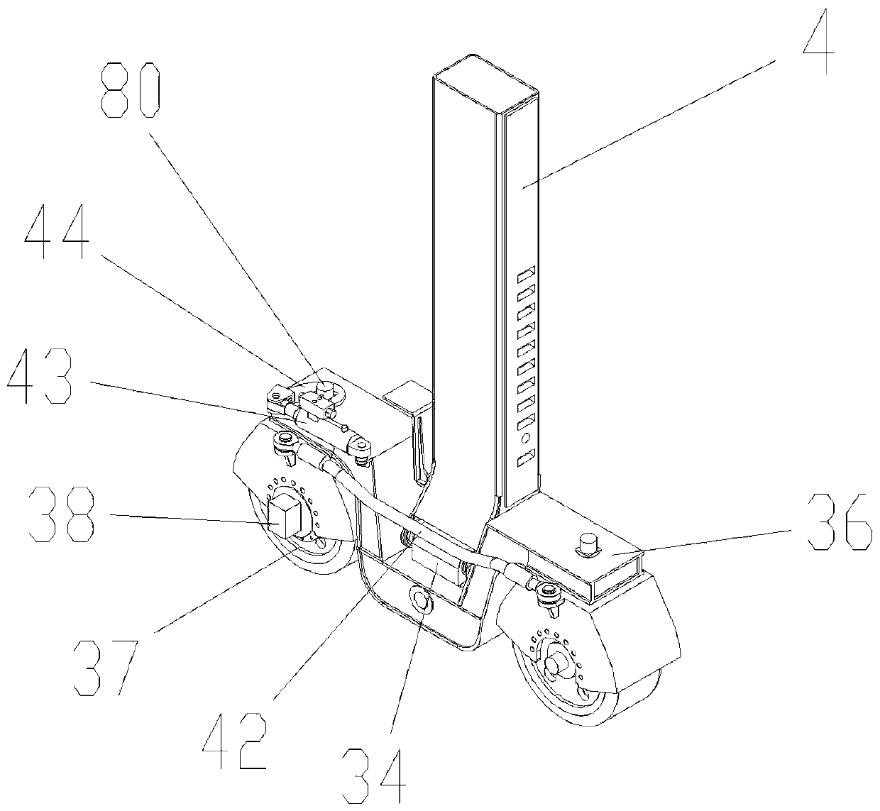 A traveling device for a trackless gantry crane