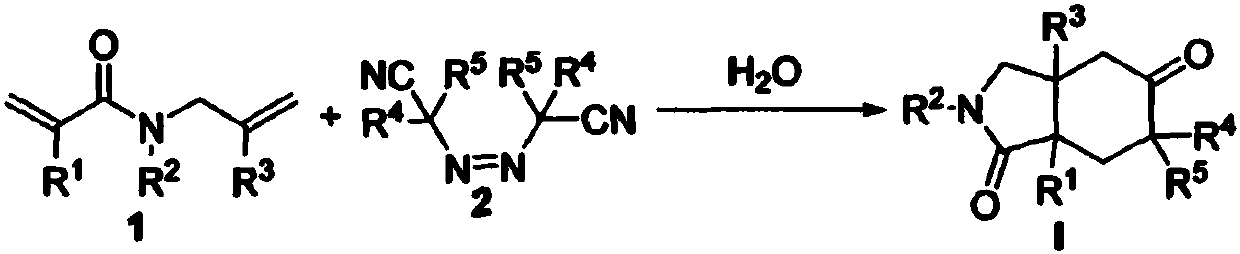 Free radical cyclization reaction method of 1, 6-diene and azoalkyl nitrile in water phase