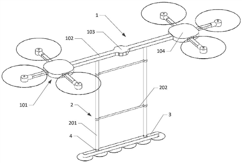 Tree barrier cleaning flying robot with separated rotor wings and suspended cutters