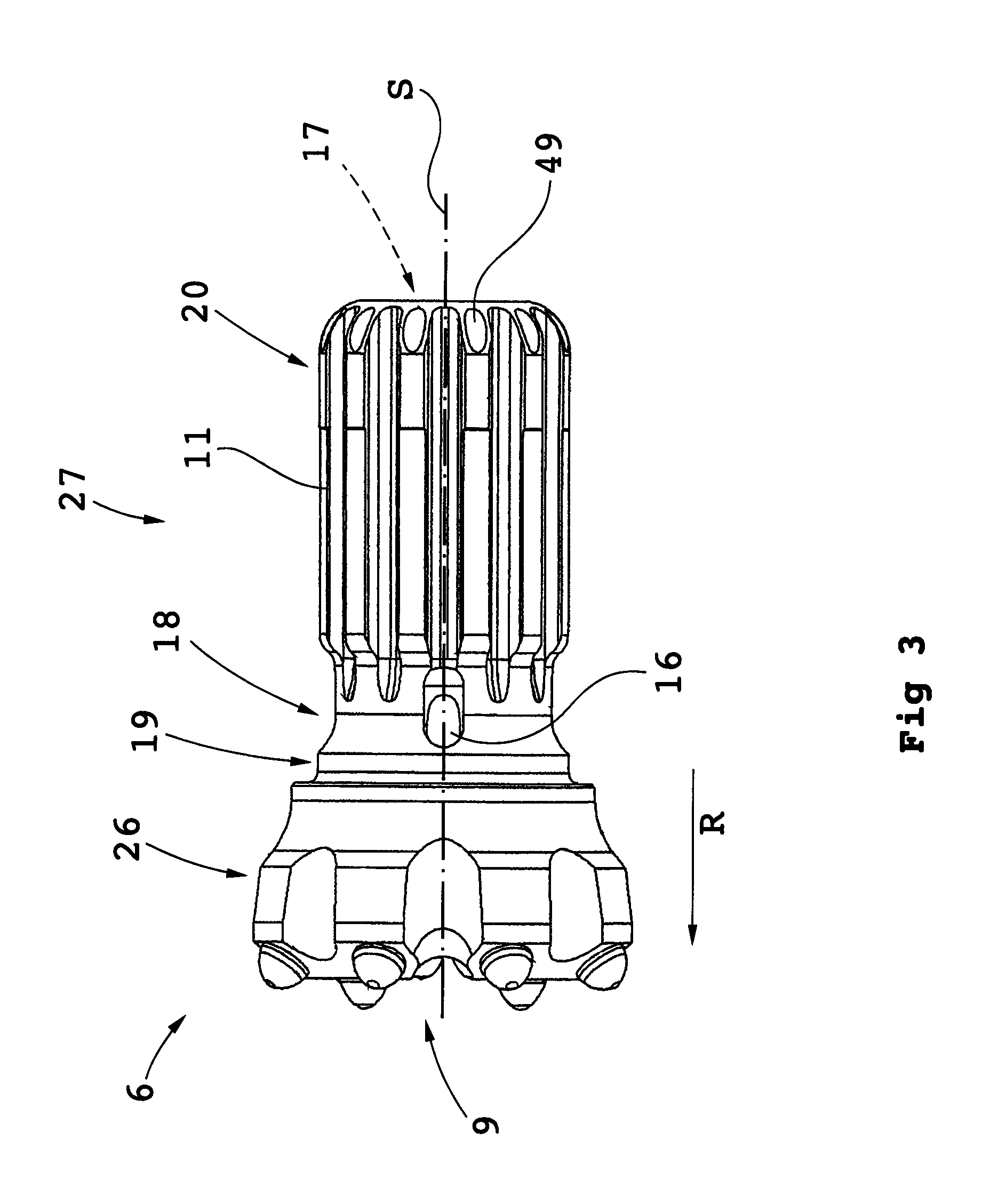 Device and system for percussion rock drilling