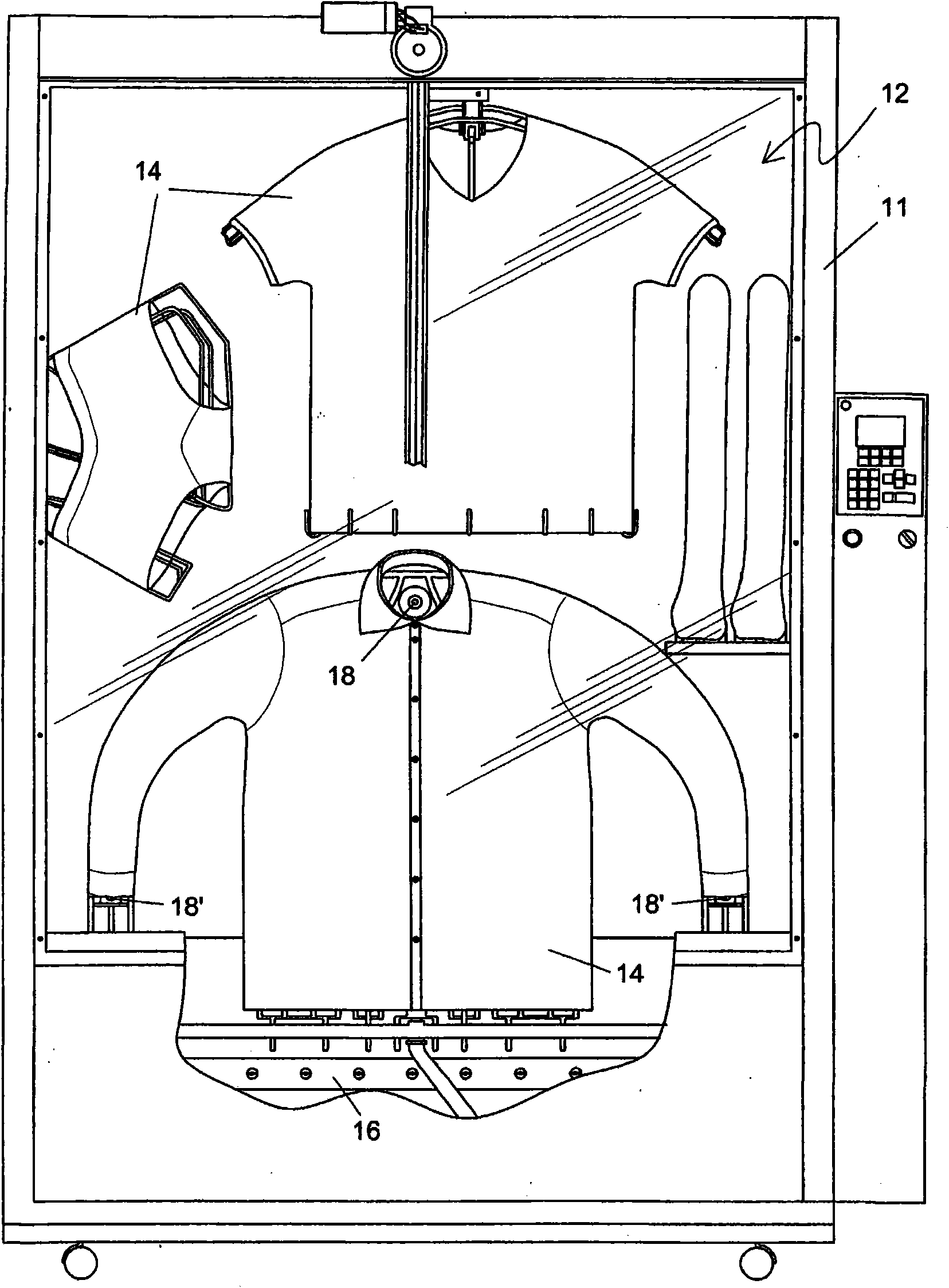 Machine for cleaning, washing, drying and ironing clothes and garments