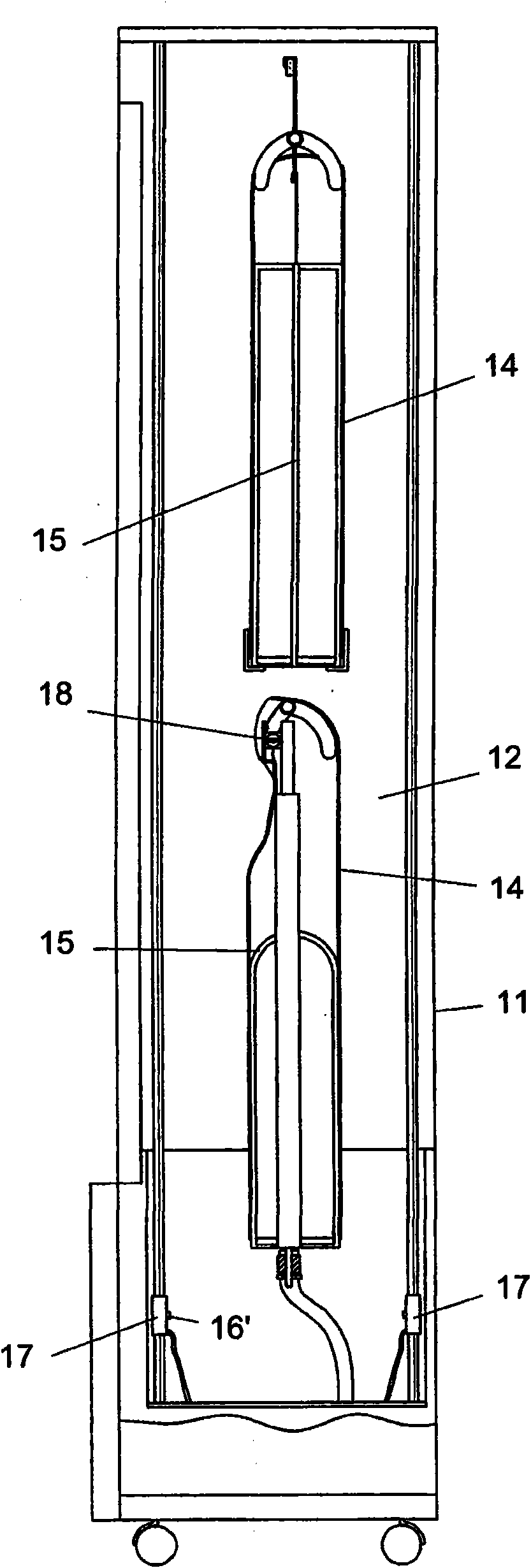 Machine for cleaning, washing, drying and ironing clothes and garments