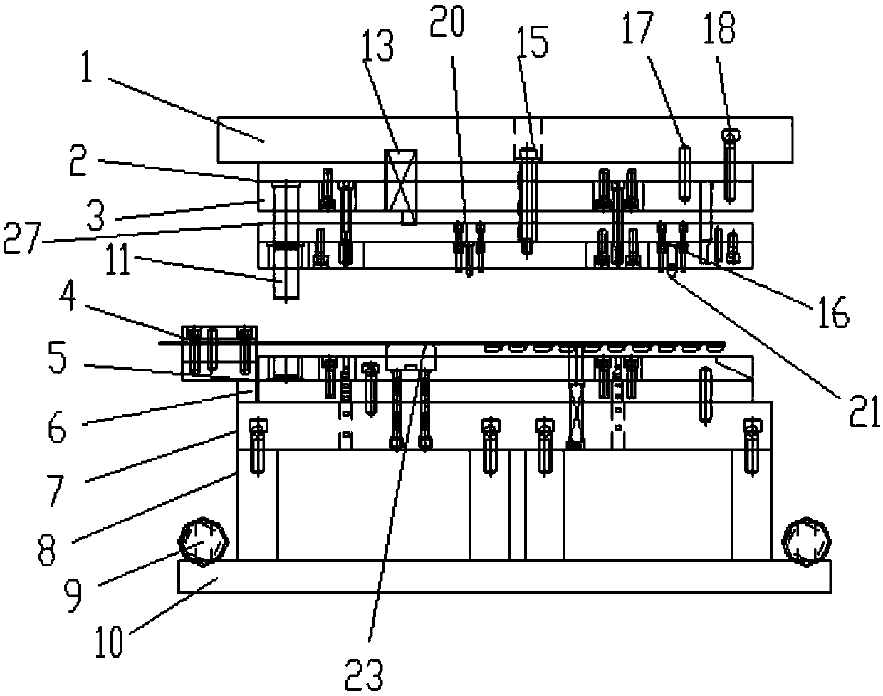 Progressive die for producing part for reinforcing square box of automobile seat