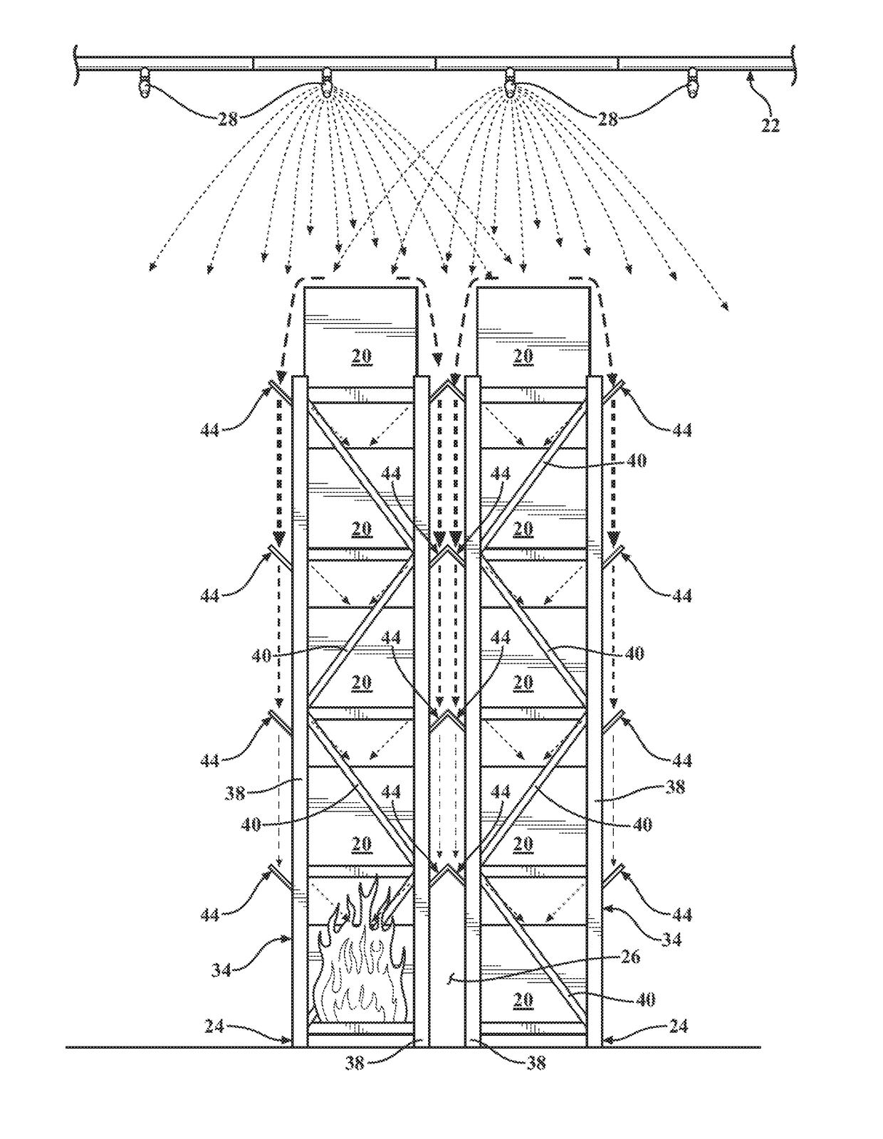 Water collecting pallet rack and method of fire protection