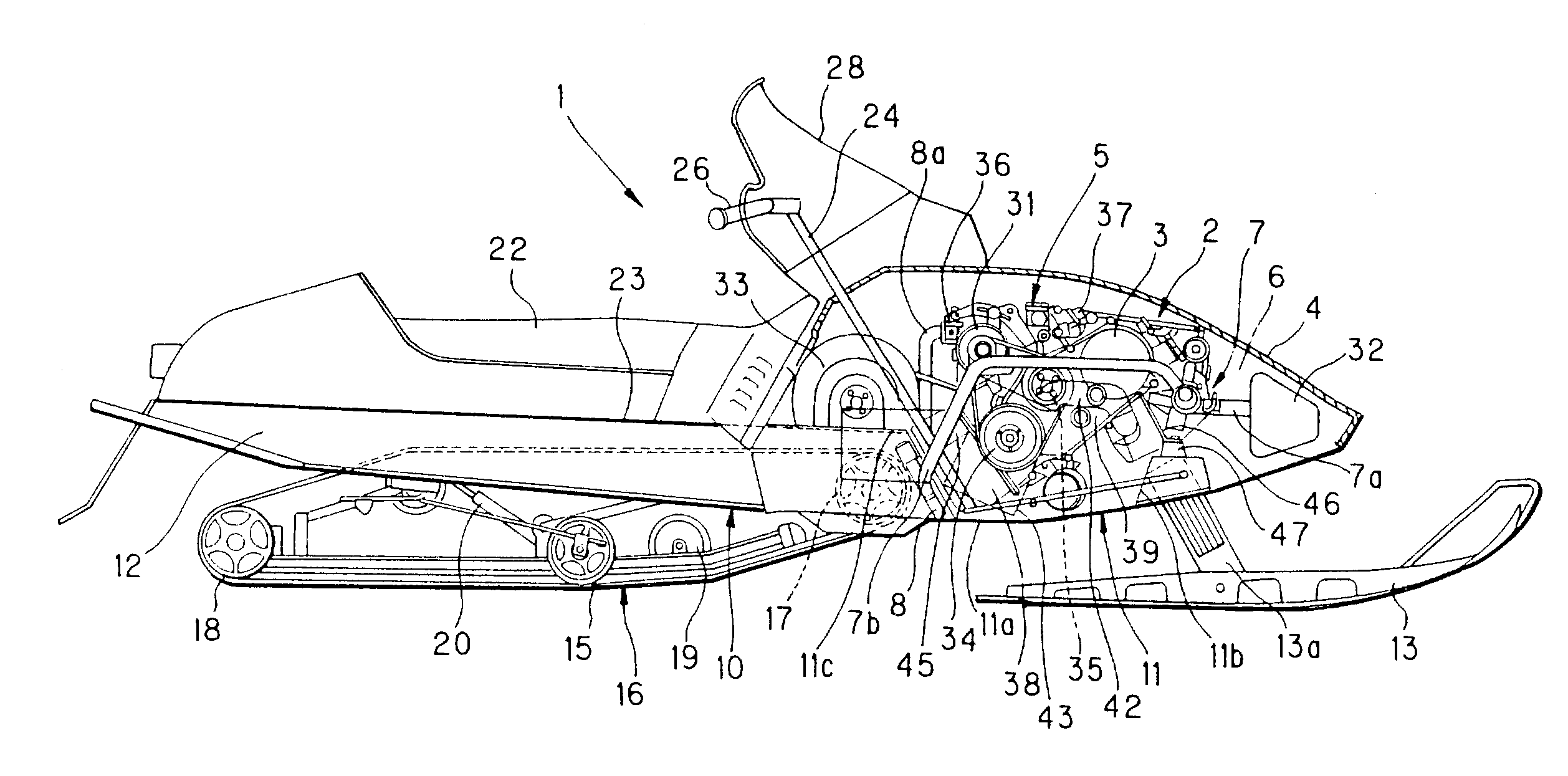 Snowmobile four-cycle engine arrangement