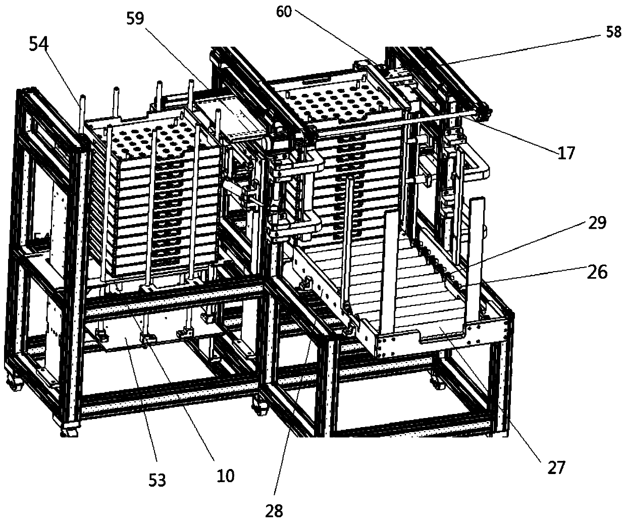 Tray type feeding and discharging device