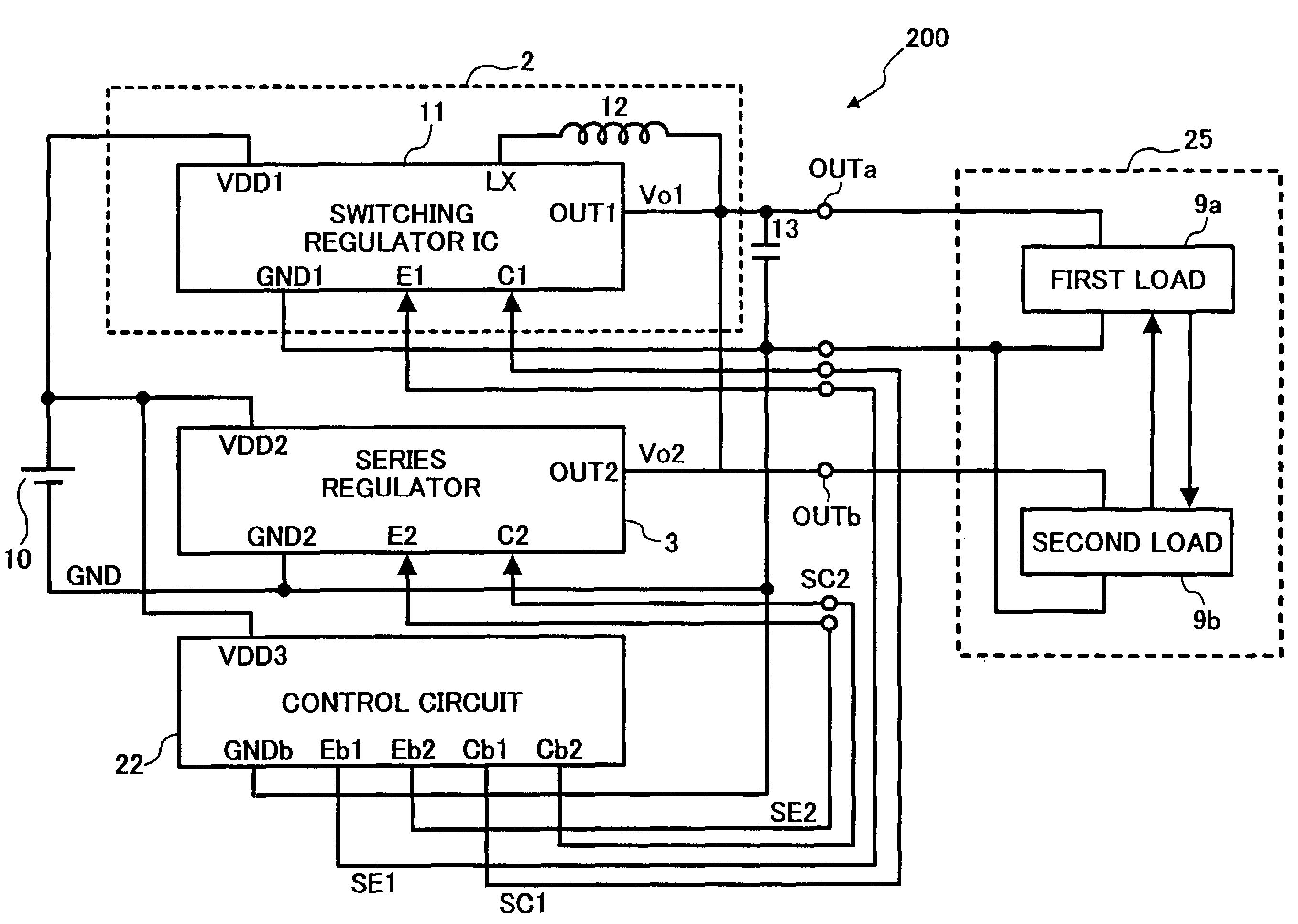 Power linear and switching regulators commonly controlled for plural loads