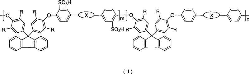 Sulfonated high polymer containing bisphenol fluorine, synthesis and application thereof