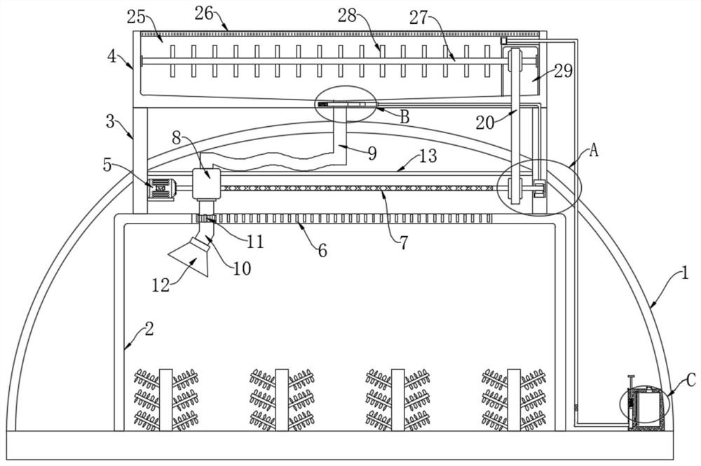 Crop irrigation device for agricultural greenhouse