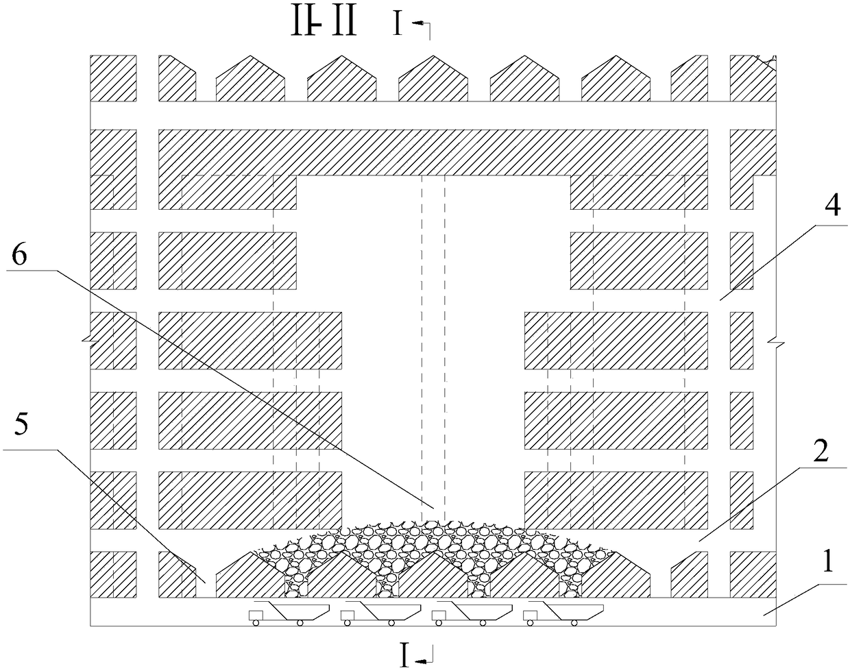 Mine room method in stage of rock drilling with trucks cooperatively out of ore