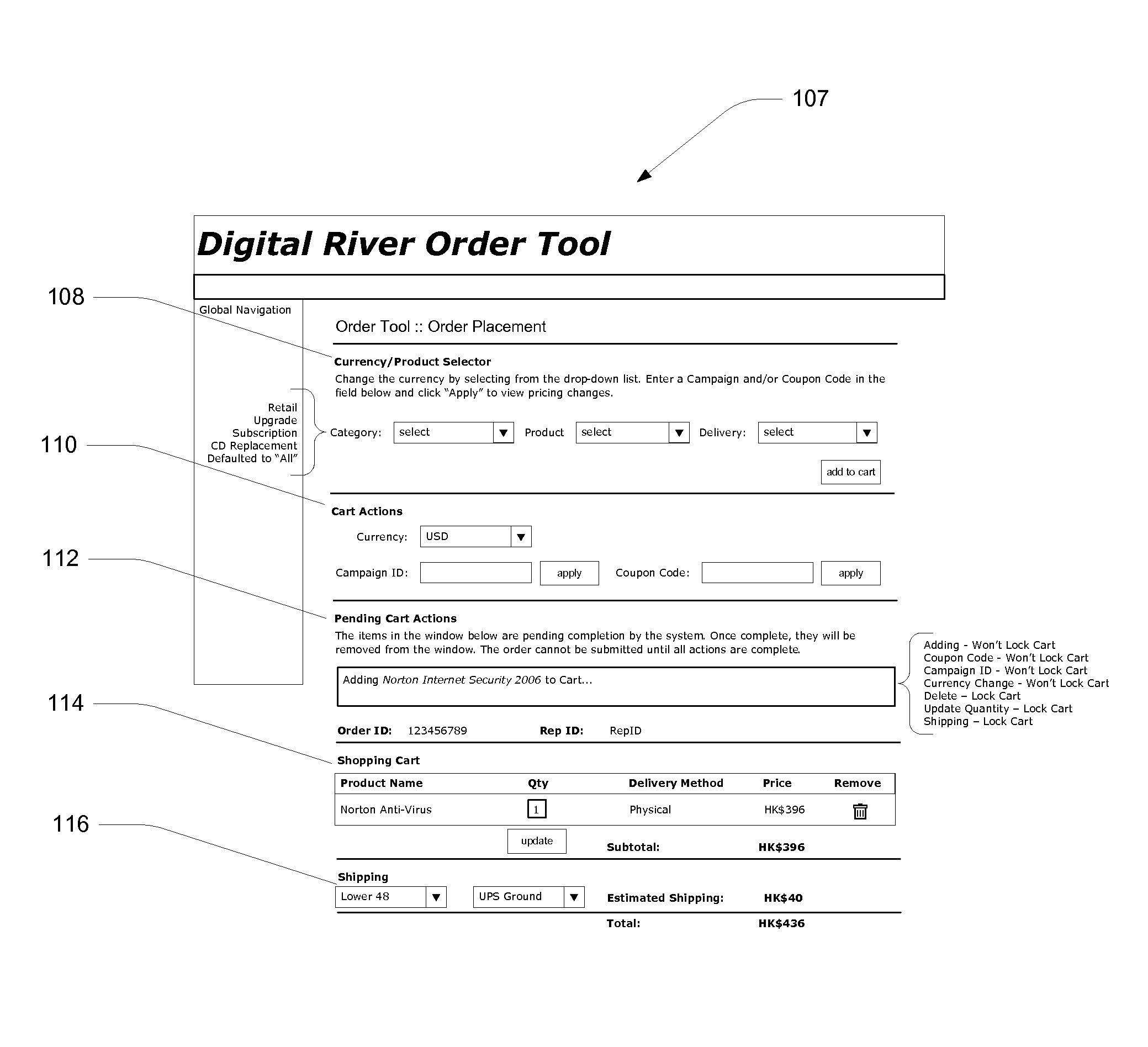 Web based product ordering method with shopping carts actions queued