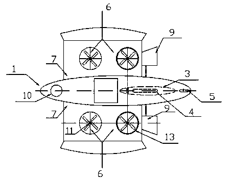 Amphibious unmanned vehicle with front-mounted double bodies on inclined sides and three bodies on water surface