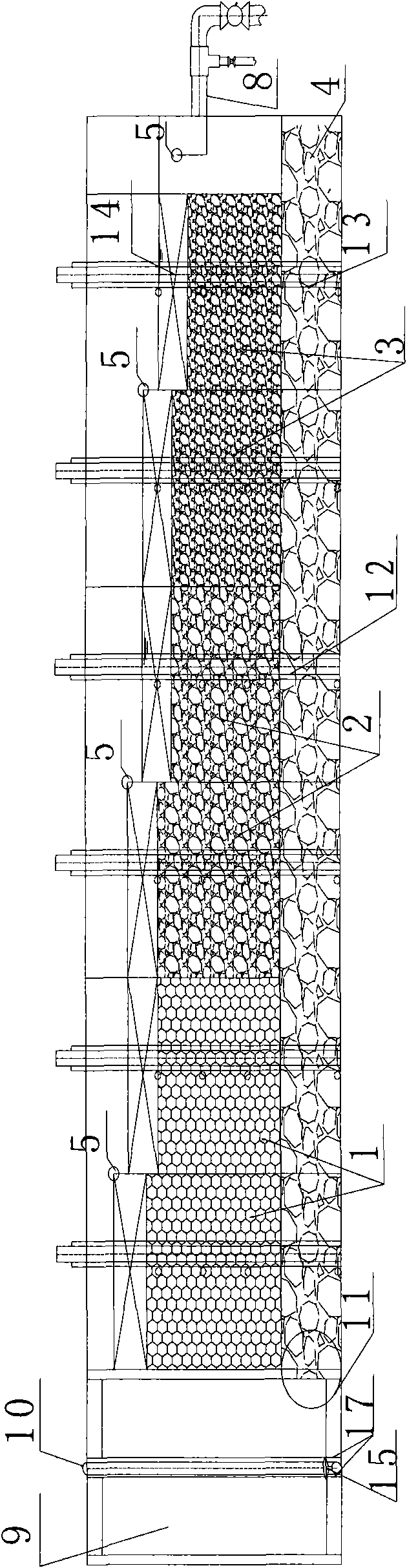 Filtration-fabric anti-clogging strengthening compound flow constructed wetland domestic sewage treatment system